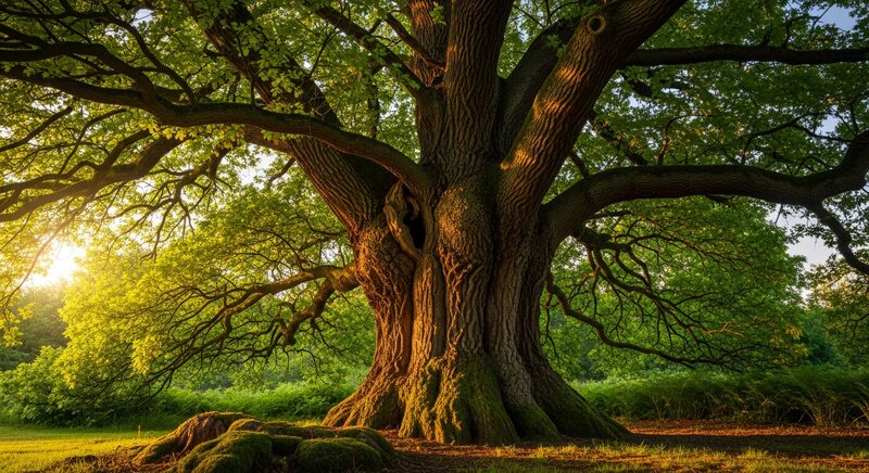Ancient oak tree in golden light