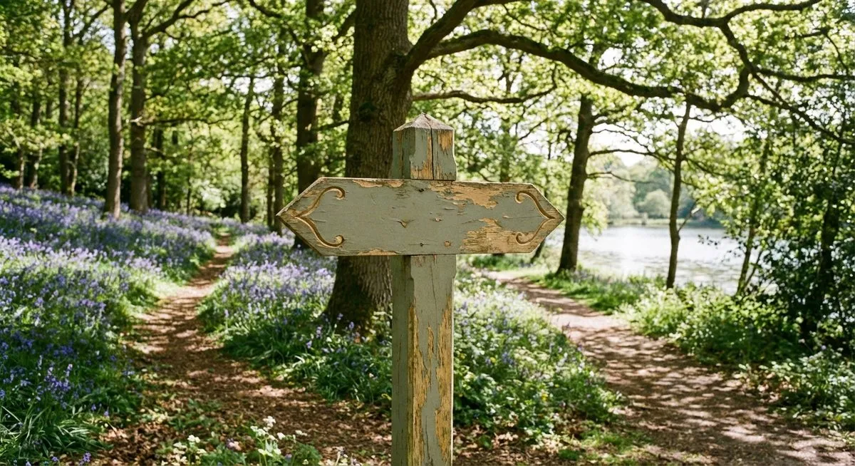Signpost at path fork in bluebell woodland