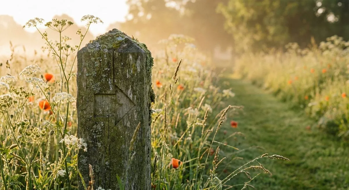A trail marker post among wildflowers on an estate path