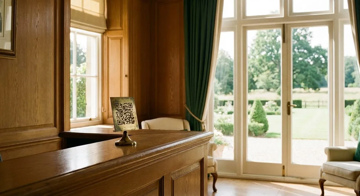 Country hotel reception with QR code stand and grounds beyond