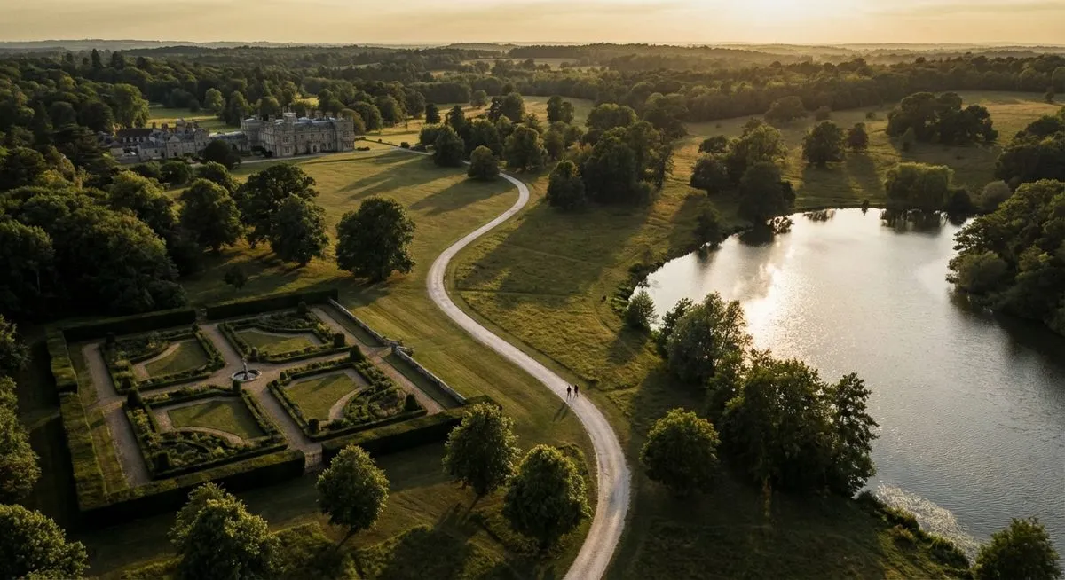 Aerial view of country estate grounds at golden hour