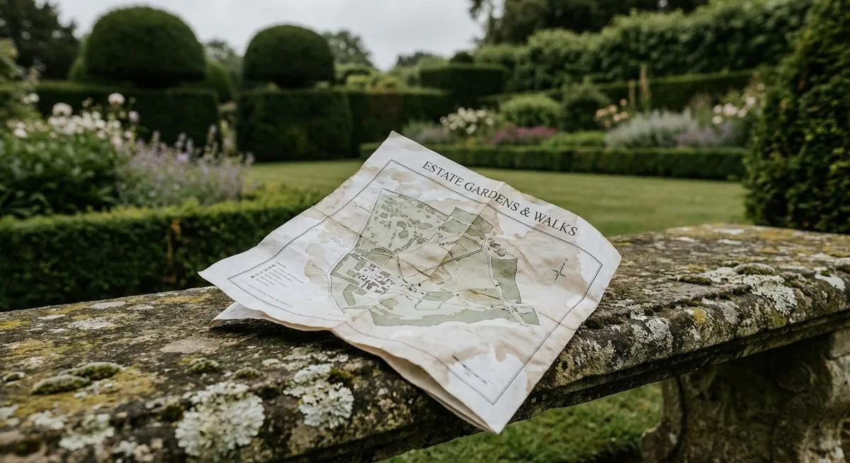 A crumpled paper map abandoned on an estate bench