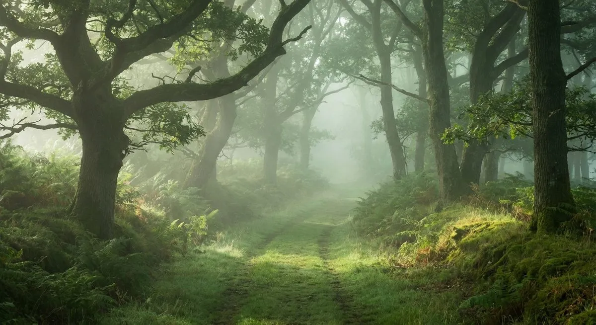 A narrow path disappearing into misty woodland
