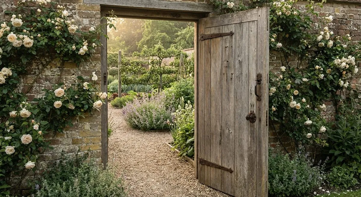 Hidden walled garden gate on a country estate