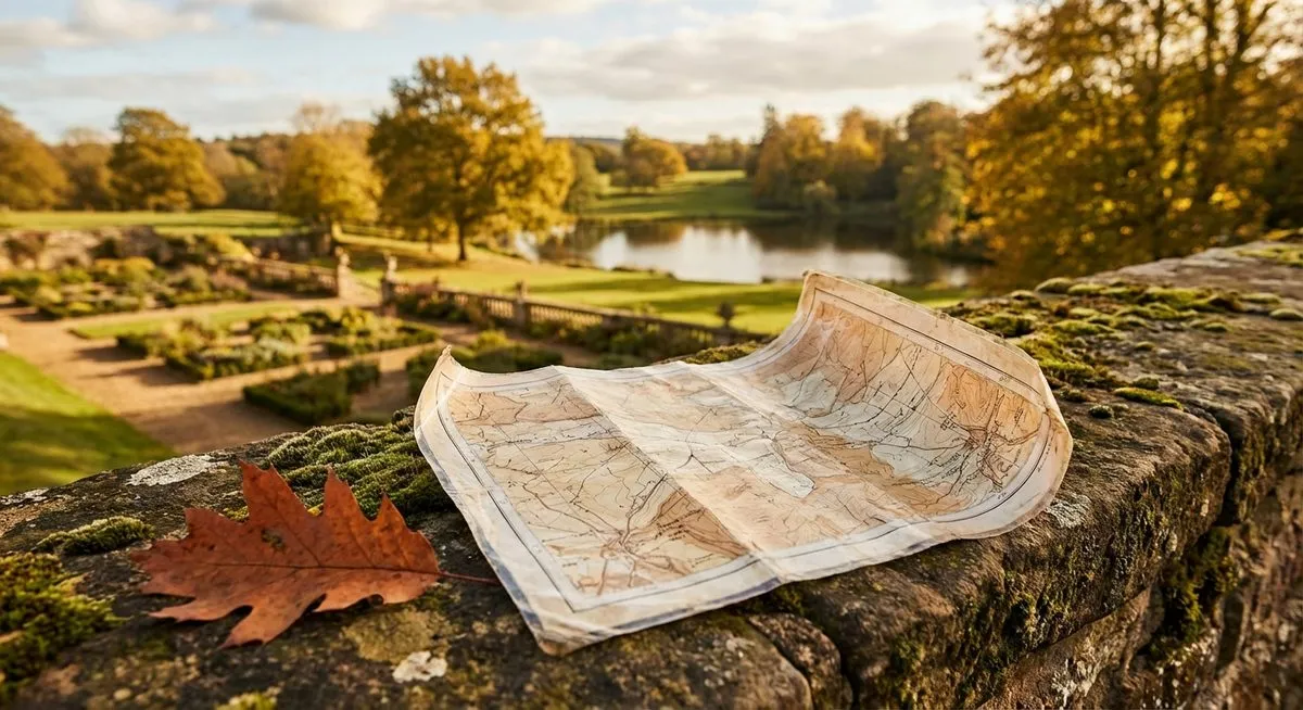 Faded paper map on stone wall with vivid estate landscape beyond