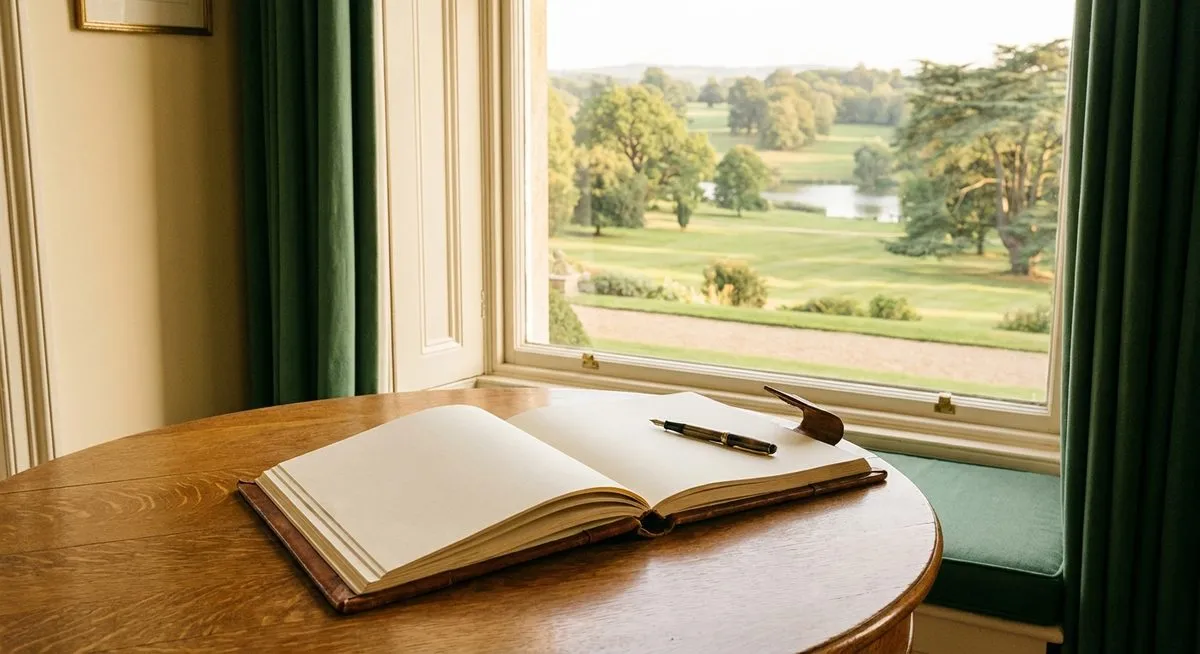 A guest book on an oak table with estate gardens through the window