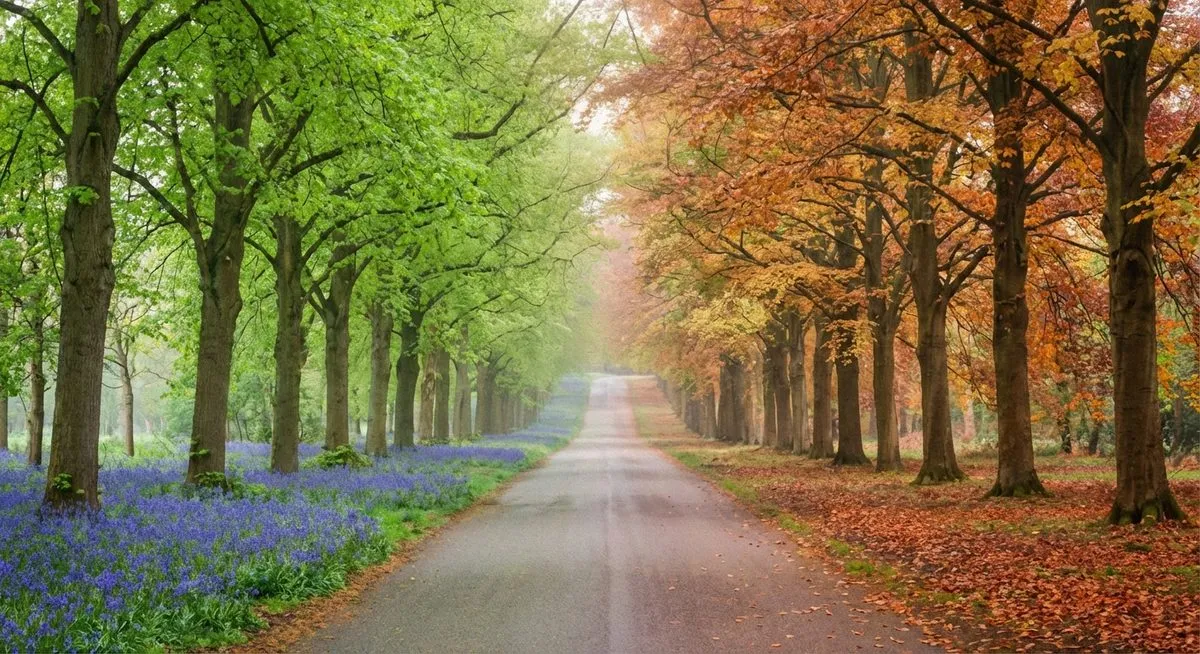 A tree-lined avenue showing spring and autumn in one image