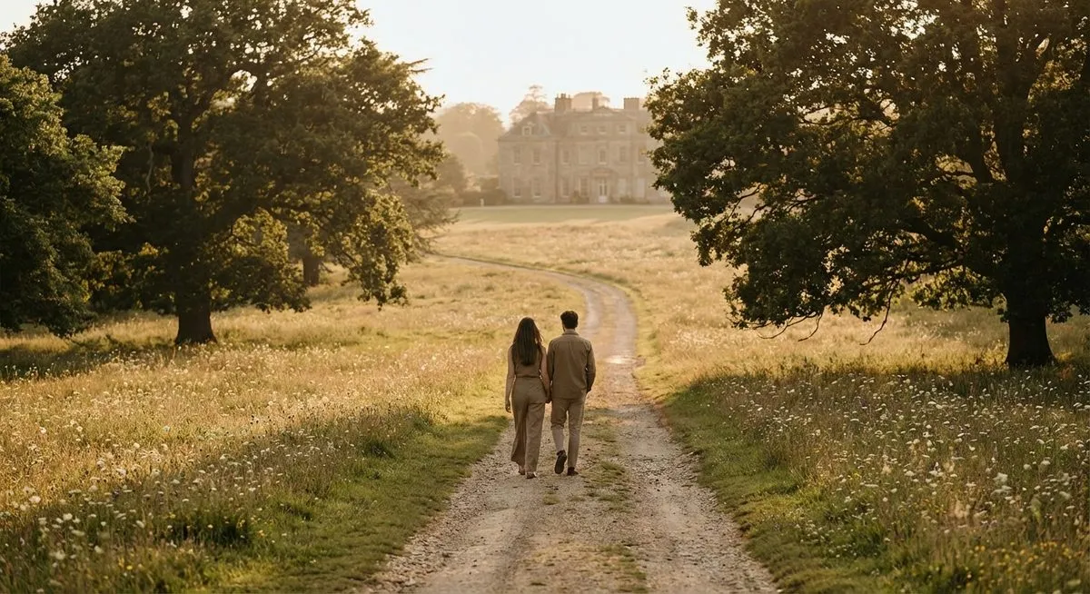 Couple walking freely through country estate parkland