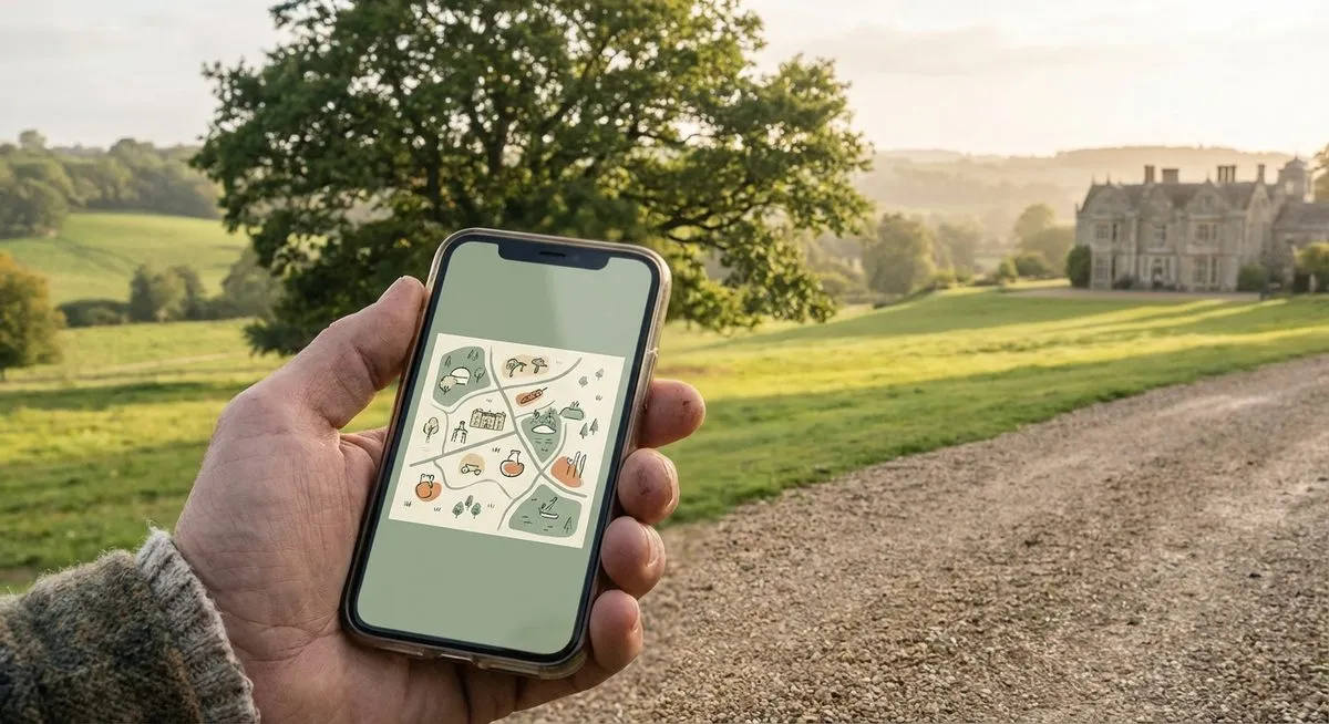 Smartphone showing a story map in estate grounds