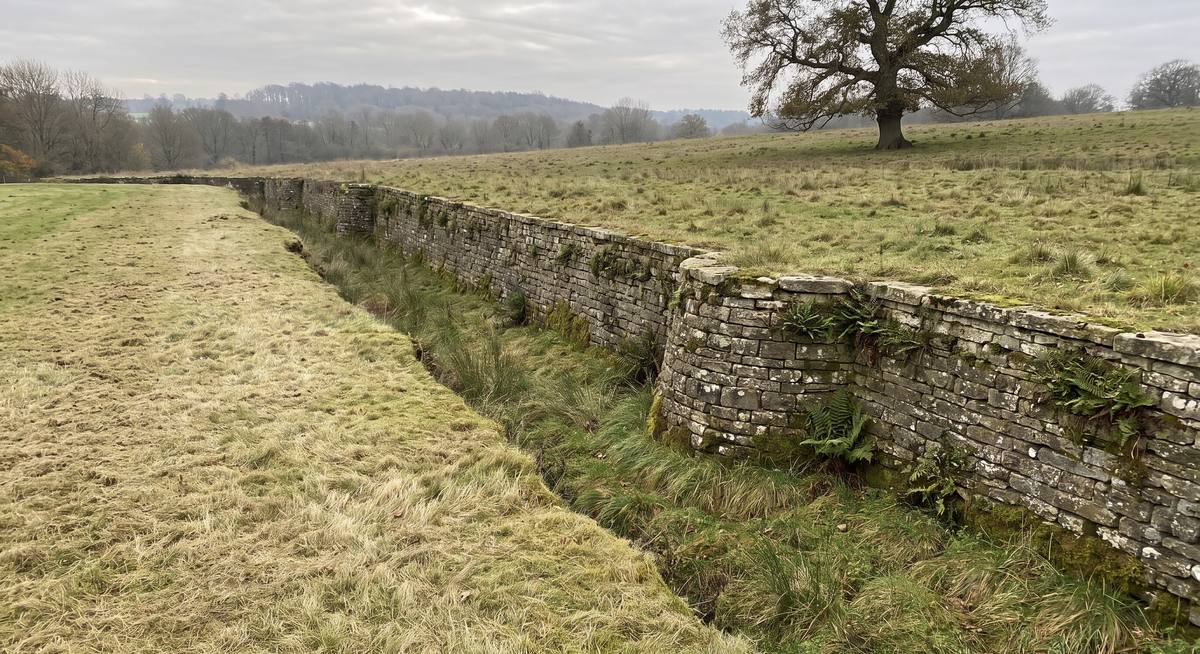 A ha-ha in an English park: a sunken stone wall with ferns in its joints, dividing mown lawn from rough grazed parkland with no fence in the view