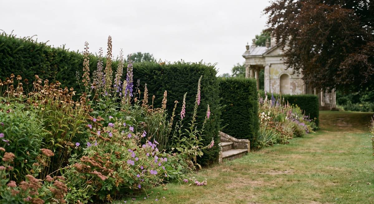 A long herbaceous border going over beside a clipped yew hedge, with a lichen-streaked stone folly beyond