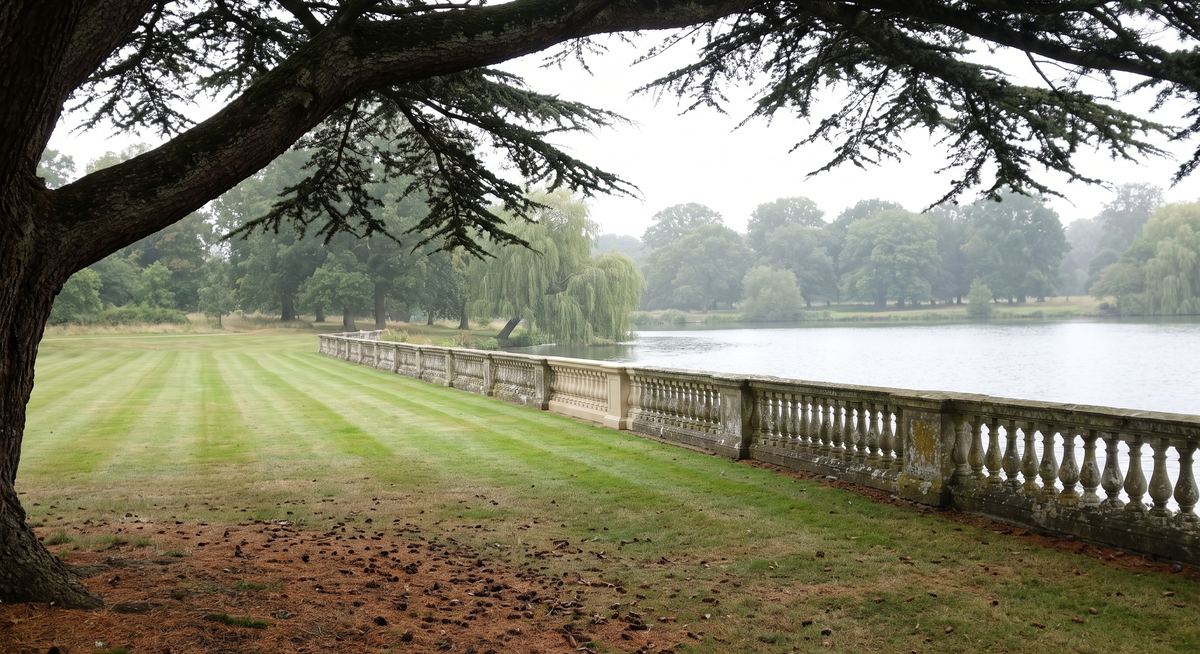 A mown lawn running down to a still lake behind a mossy stone balustrade, under the branch of an old cedar