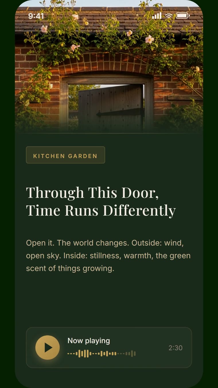 A Bramble story card on a phone: The Walled Garden Gate at Thornfield Hall, with a photograph, a short story and an audio option