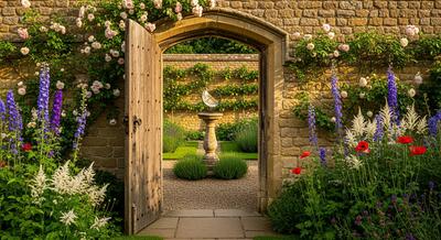 English walled garden with climbing roses and stone sundial